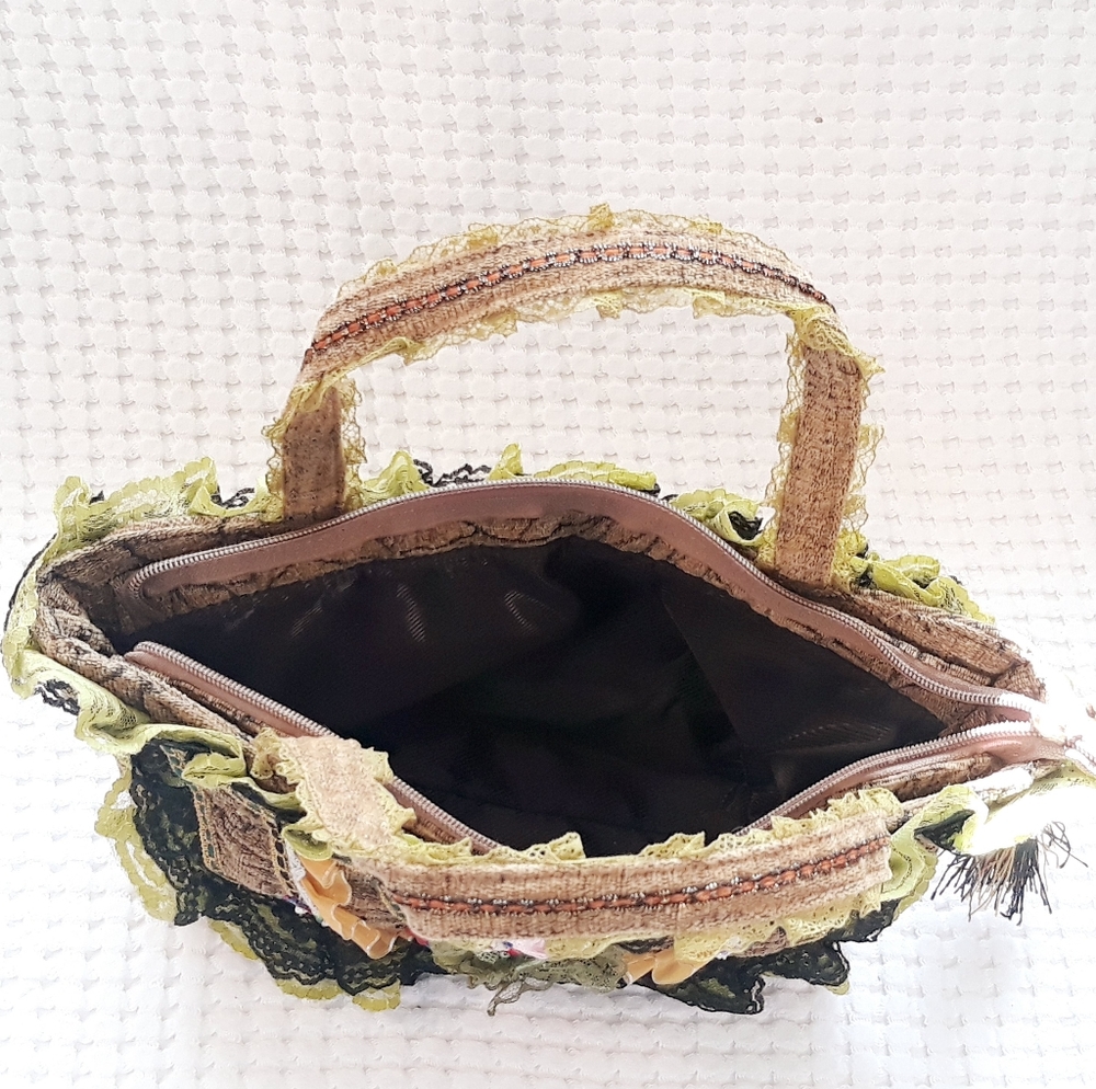 Embellished Whimsical Floral Tapestry Bag - Victorian Style Ruffle Hand Bag - Picture 8 of 16